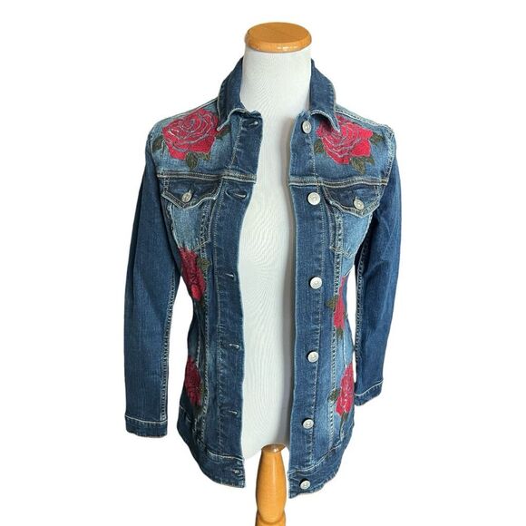 Womens Lularoe Jaxon Red Rose Embroidered Rodeo Denim Jean Jacket - Sz XXS - Picture 3 of 6